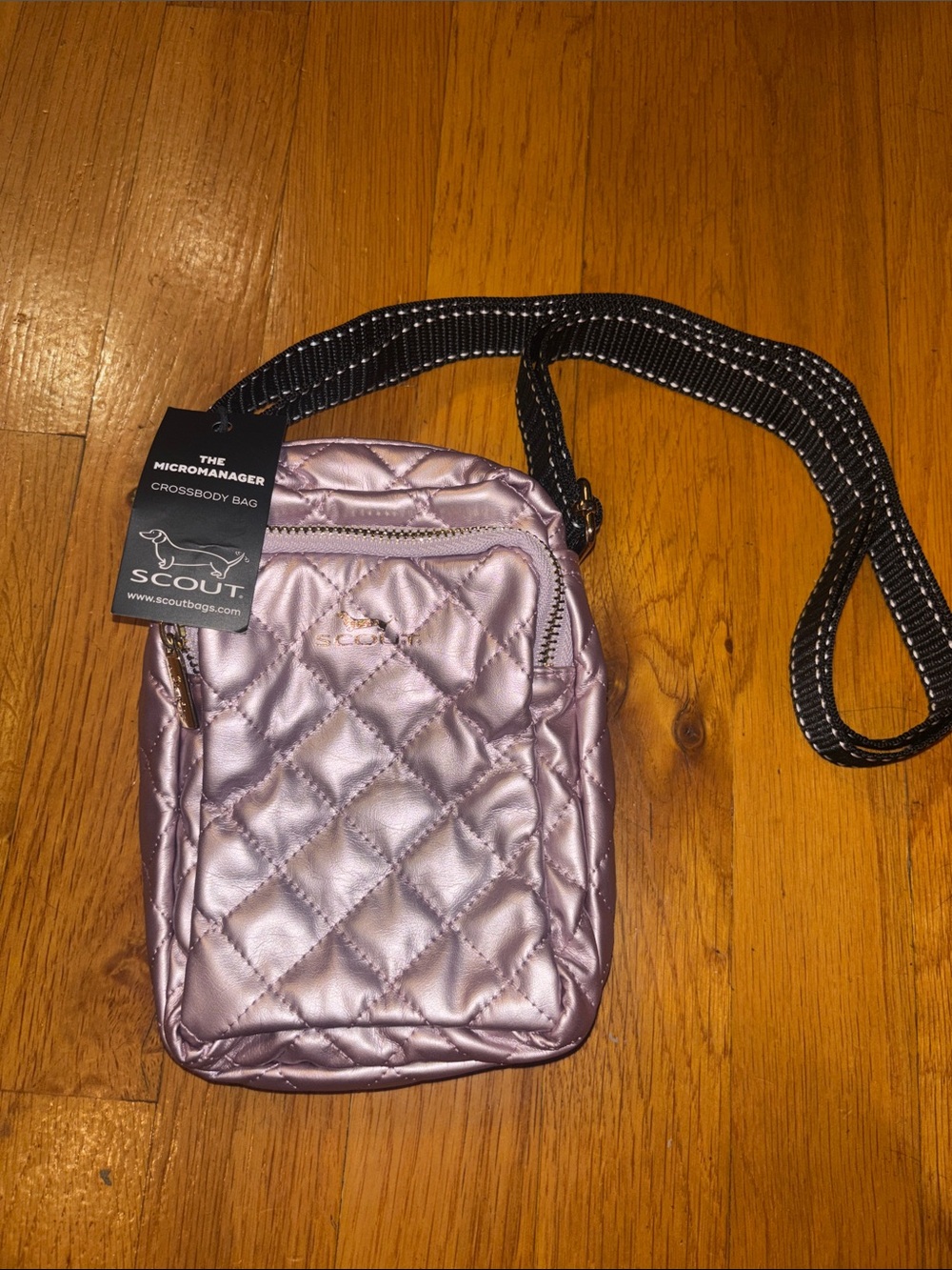 Scout Quilted Micromanager Crossbody Bag in Metallic Pink with Black Strap